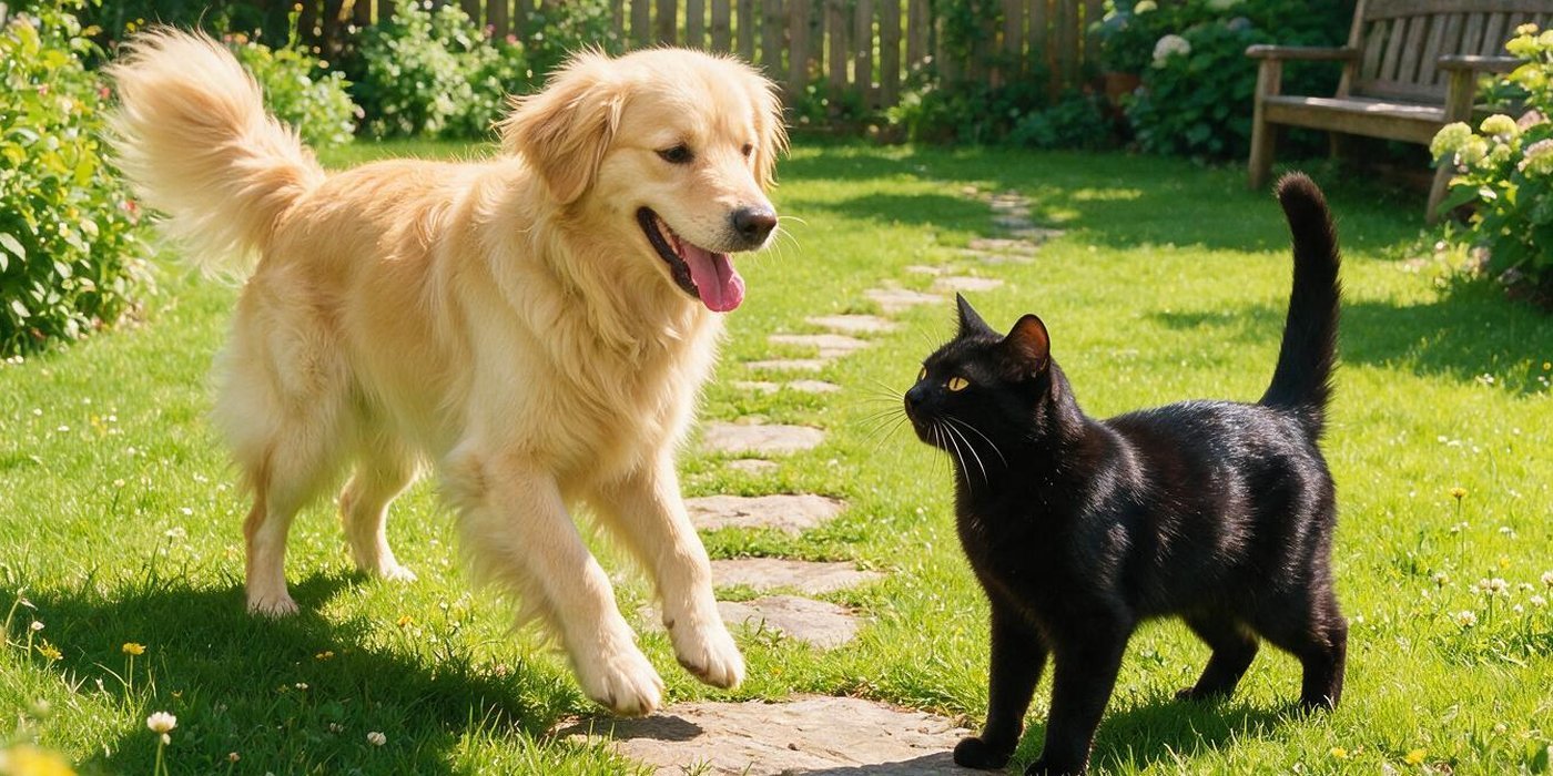Cão e gato convivendo em um quintal ensolarado